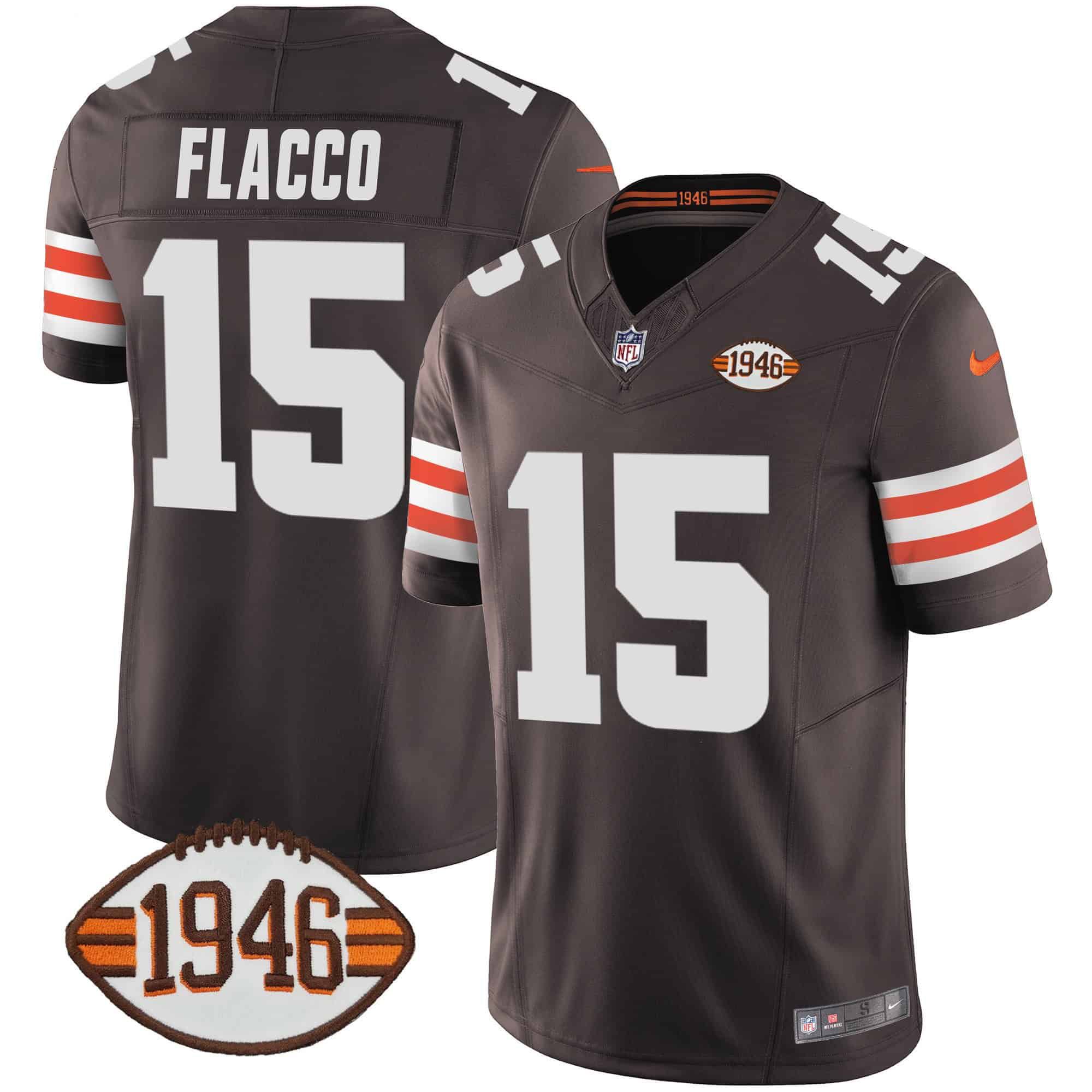 Men Cleveland Browns #15 Flacco Brown 1946 75th Anniversary Patch 2024 Nike NFL Jersey style 1